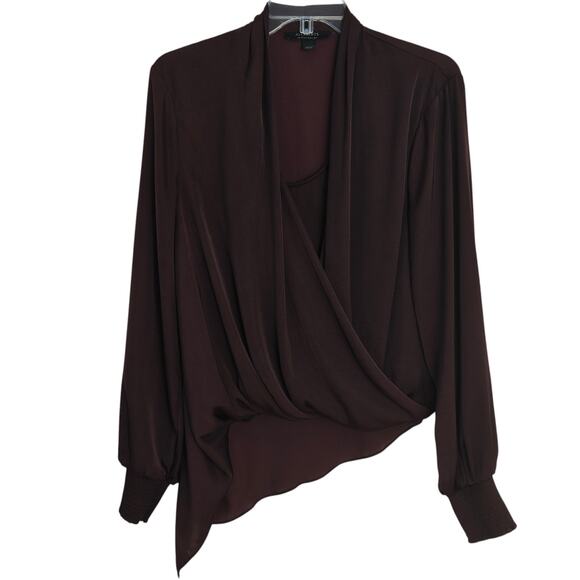All Saints Abi Sleeve Draped Wrap Over Top Size 8 Purple V-Neck Silky Blouse - Picture 2 of 12